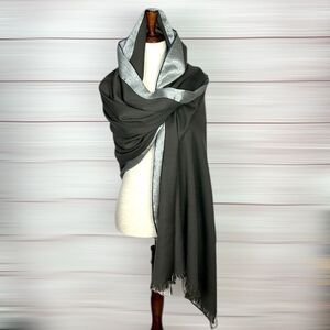 NWOT Echo Large Blanket Scarf Wool Blend Dark Army Green with Silver Trim 74x38”